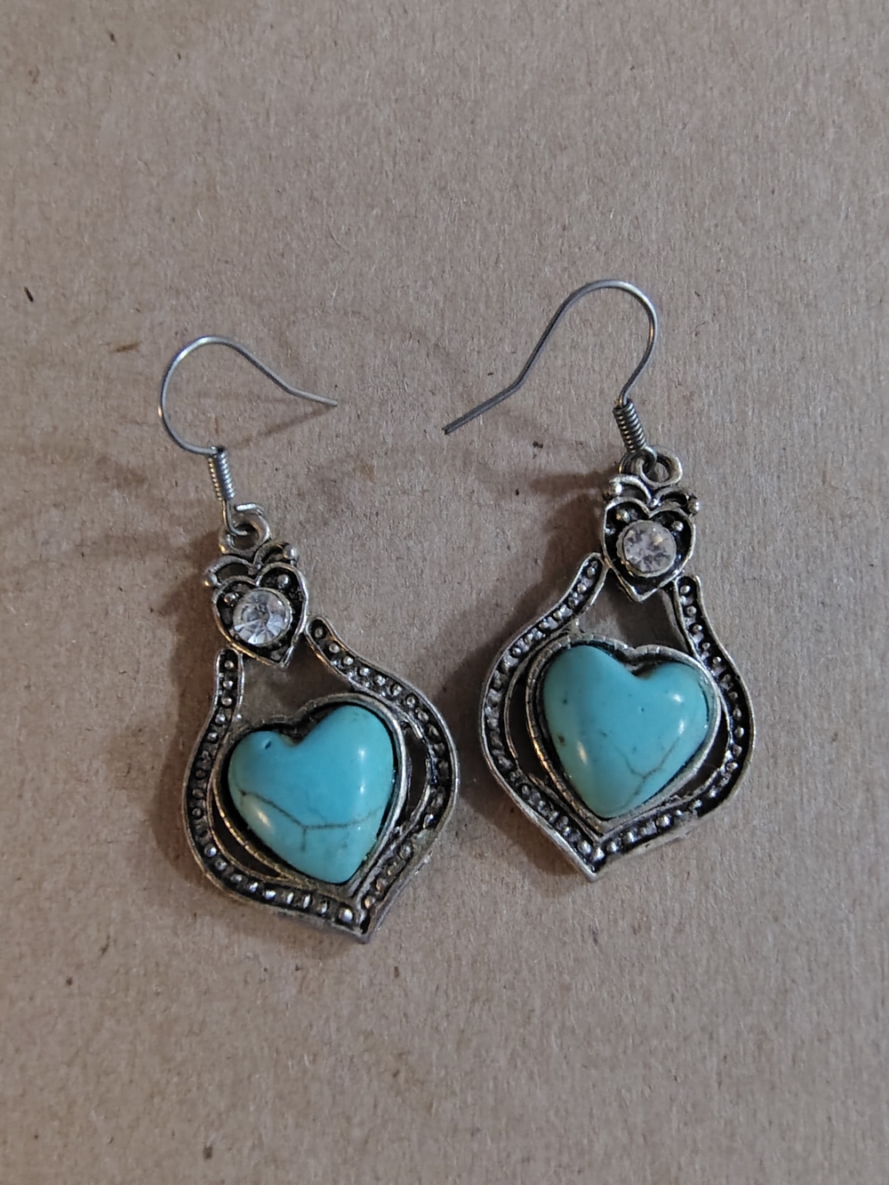 Vintage 90s Turquoise Heart Silver-Tone Dangle Earrings - Unbranded Y2k